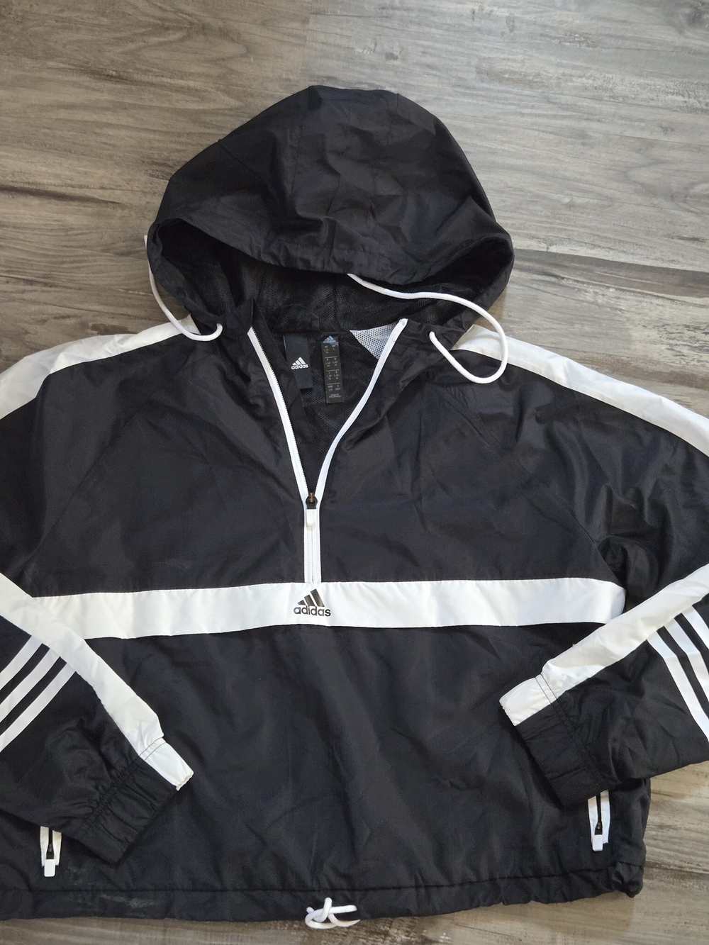 adidas Black and White Hooded Quarter-Zip Windbreaker